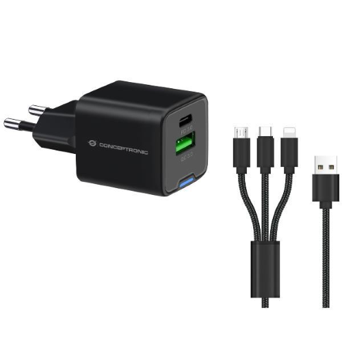 CONCEPTRONIC ALTHEA16B CARIBATTERIE DA RETE USB PD GaN 2 PORTE 33 W CON CAVO DI RICARICA 3 IN 1 (1x USB-C, 1x USB-A, QC 3.0, PPS) NERO